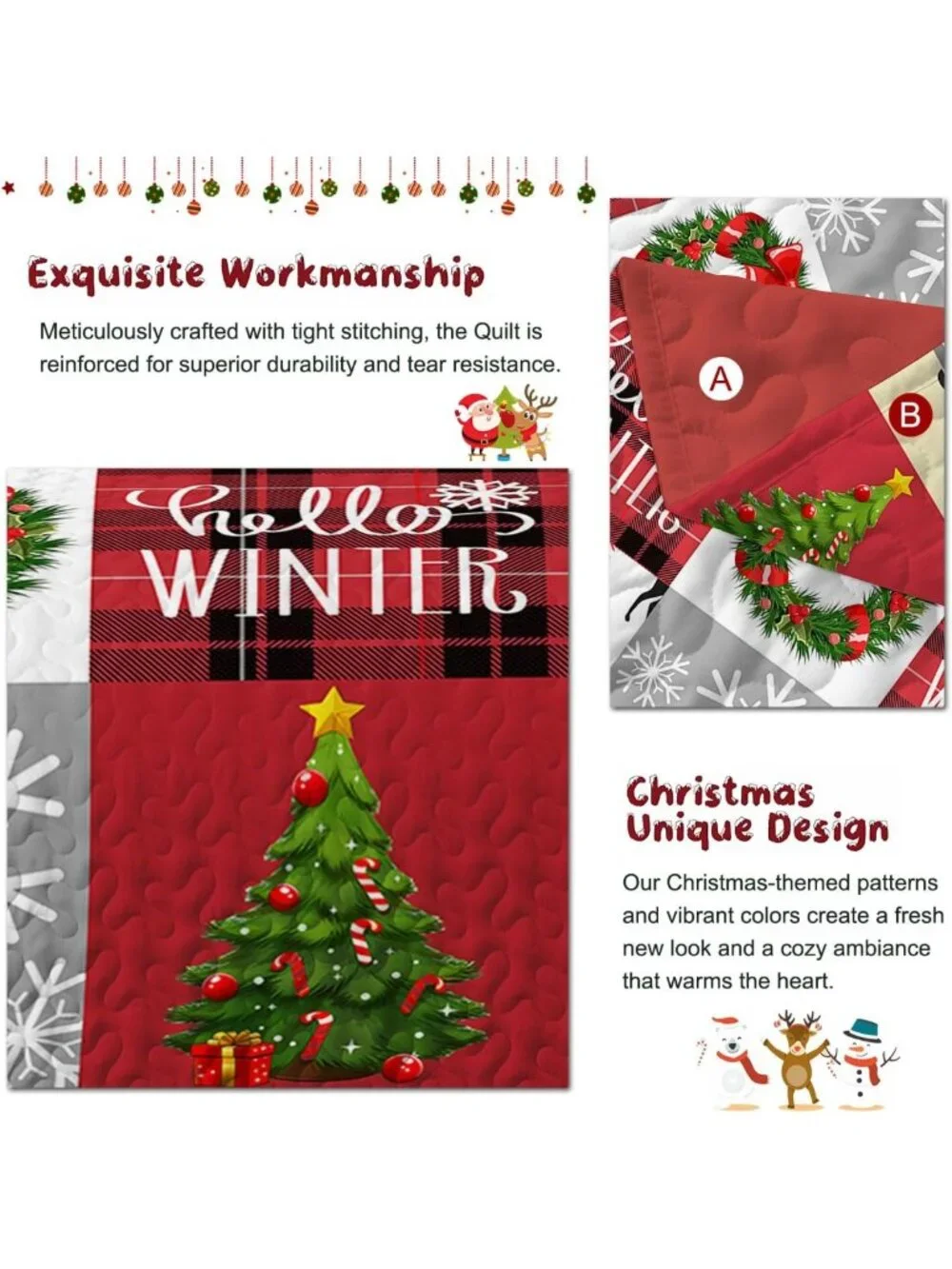 Festive Christmas Patchwork Quilt Set King - Santa Snowman Tree Bedding, Soft